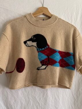 Anthropologie Cashmere Cropped Sweater with Dachshund Wool Motif